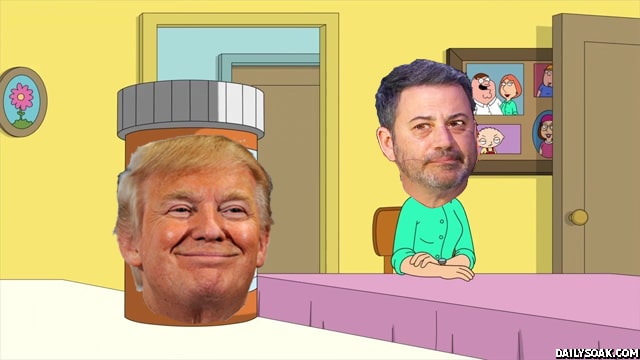 Oscars host Jimmy Kimmel staring at a picture of Donald Trump.