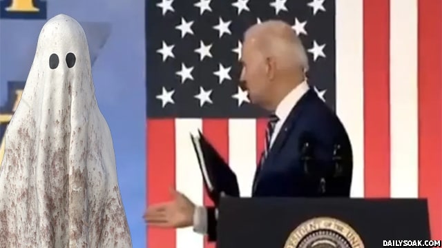 Joe Biden shaking hands with a ghost on stage while holding a classified information folder..