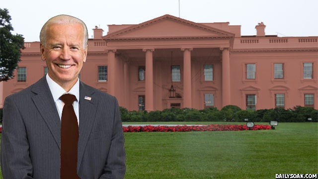 Joe Biden standing in front of a brown White House on St. Patrick's Day.