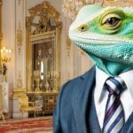 Lizard person King Charles wearing a suit and tie inside Buckingham Palace.