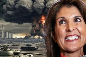 Nikki Haley staring at a nuclear bomb during World War 3.