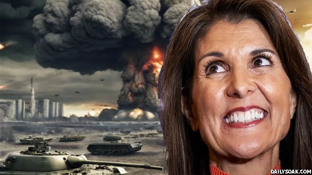 Nikki Haley staring at a nuclear bomb during World War 3.