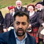 Scotland Prime minister Humza Yousaf standing in front of white Scottish people.