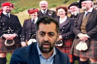 Scotland Prime minister Humza Yousaf standing in front of white Scottish people.