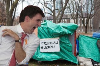 Justin Trudeau laughing at a homeless encampment in Canada.