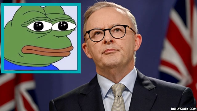 Australia Prime Minister Anthony Albanese with a meme insert of Pepe the Frog.