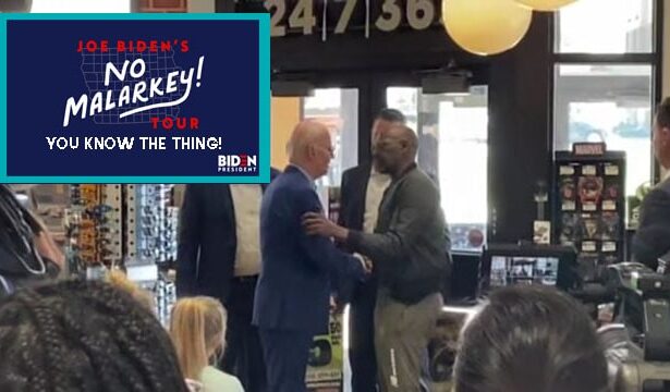 Joe Biden greeting a supporter inside the Sheetz gas station.