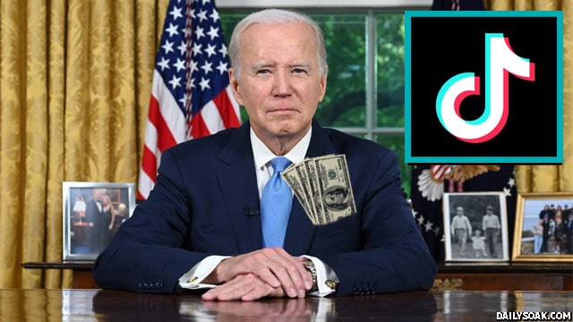 Joe Biden sitting at his desk after signing bill to ban TikTok.