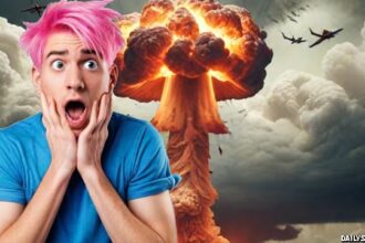 Joe Biden voter male with pink hair watching a nuclear explosion worrying about the military draft.