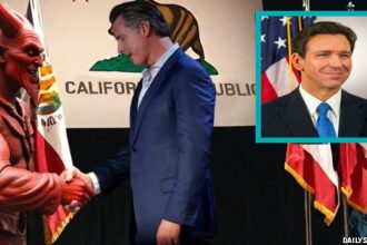 Ron DeSantis overlooking California's Gavin Newsom shaking hands with Satan.