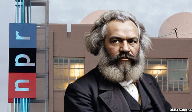 Karl Marx standing in front of the NPR building.