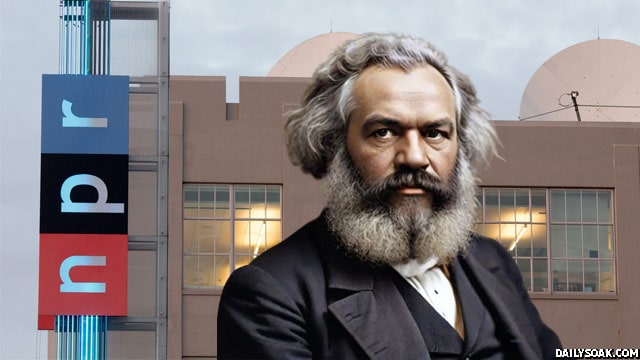 Karl Marx standing in front of the NPR building.