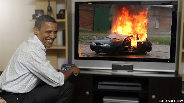 Barack Obama playing a simulated drone strike videogame.