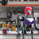 Transgender robot food service worker inside of a California fast food restaurant chain.