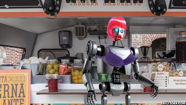Transgender robot food service worker inside of a California fast food restaurant chain.