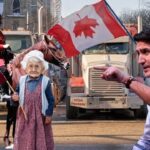 Justin Trudeau telling Canadian Mountie to trample over old woman.