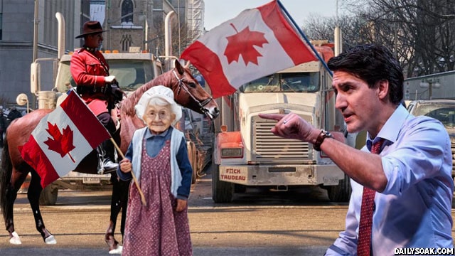 Justin Trudeau telling Canadian Mountie to trample over old woman.