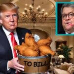 Donald Trump holding a bucket of fried chicken in front of Bill Barr.