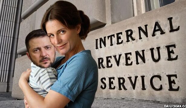 Woman holding a baby Volodymyr Zelensky in front of IRS tax building to file taxes.