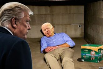 Donald Trump watching Joe Biden sleeping inside his basement.