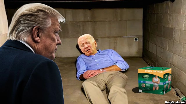 Donald Trump watching Joe Biden sleeping inside his basement.