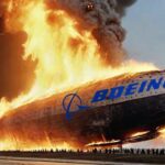 Hindenburg airship with a Boeing logo on it on fire.