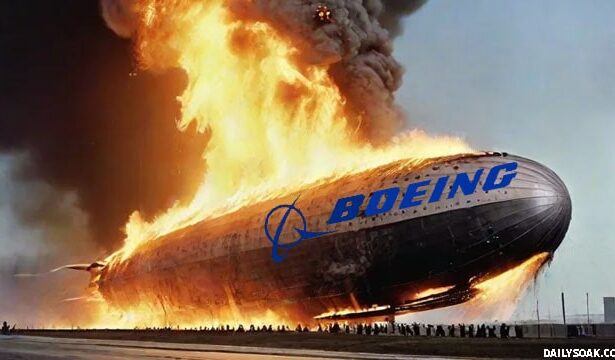 Hindenburg airship with a Boeing logo on it on fire.
