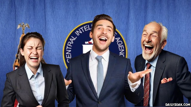 Multiple CIA agents laughing while giving a press conference.
