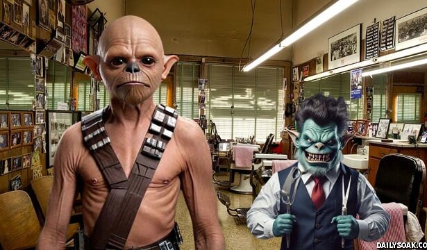Hairless Chewbacca at a barber shop after getting a haircut.