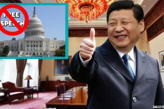 China President Xi Jinping giving a thumb's up to US Congress ban on free speech.