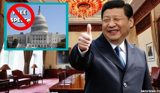 China President Xi Jinping giving a thumb's up to US Congress ban on free speech.