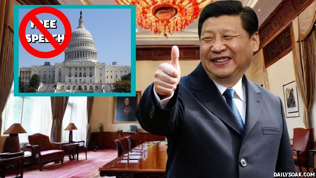China President Xi Jinping giving a thumb's up to US Congress ban on free speech.
