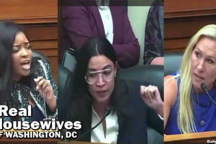 AOC, Marjorie Taylor Green, and Jasmin Crockett in parody of The Real Housewives.