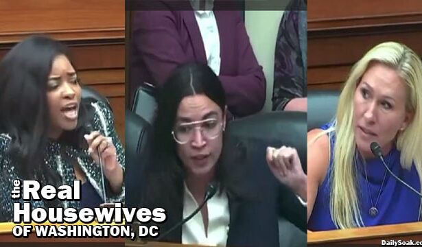 AOC, Marjorie Taylor Green, and Jasmin Crockett in parody of The Real Housewives.
