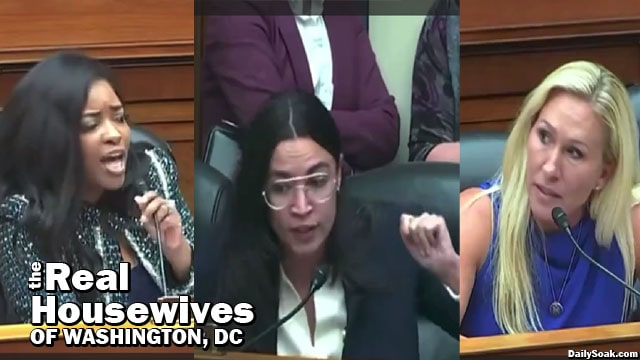 AOC, Marjorie Taylor Green, and Jasmin Crockett in parody of The Real Housewives.