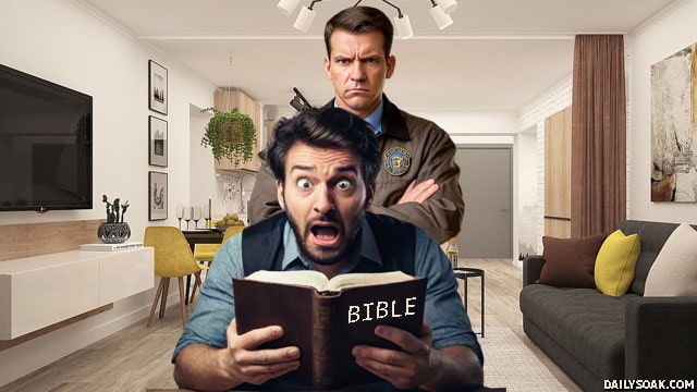 FBI agent standing behind a man reading the New Testament in the Bible.