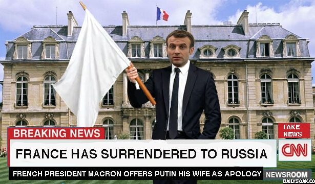 France President Emmanuel Macron waving a white flag of surrender to Russia.