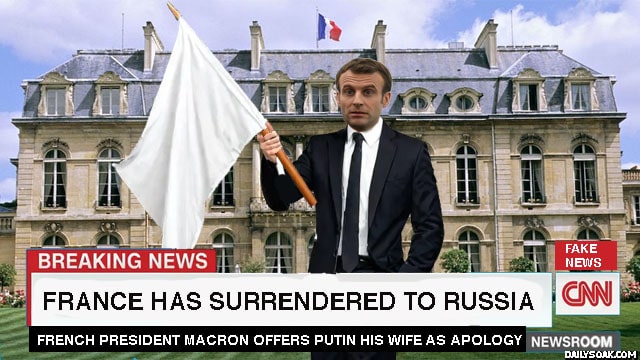 France President Emmanuel Macron waving a white flag of surrender to Russia.