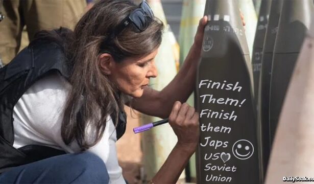 Nikki Haley writing 'Finish Them' on a bomb in Israel.