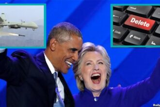 Obama and Hillary Clinton laughing on stage after Donald Trump guilty verdict.