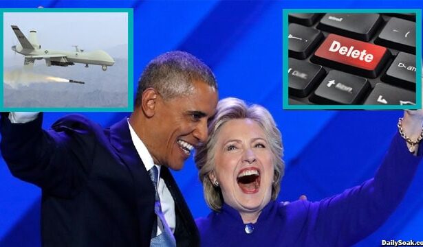 Obama and Hillary Clinton laughing on stage after Donald Trump guilty verdict.