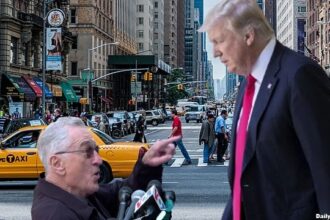 Robert De Niro staring at Donald Trump outside New York court,