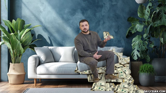 Ukraine President Zelensky sitting on money under a couch cushion.