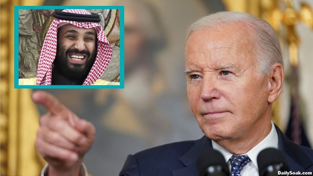 Joe Biden pointing his finger at Saudi Arabia prince telling him "don't."