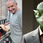 Lizard person Chuck Schumer cooking a hamburger on a grill on Father's Day.