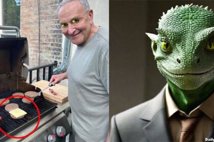 Lizard person Chuck Schumer cooking a hamburger on a grill on Father's Day.