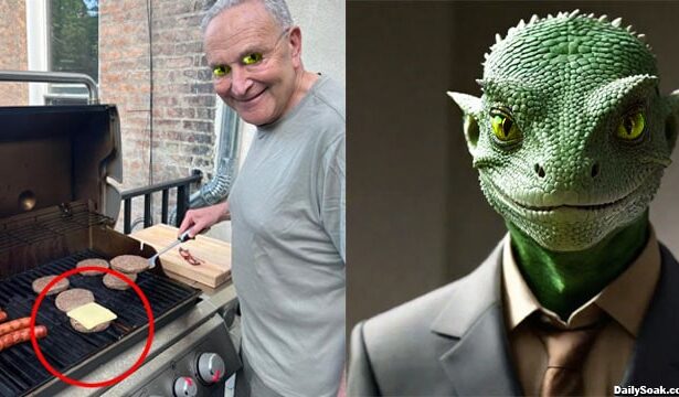 Lizard person Chuck Schumer cooking a hamburger on a grill on Father's Day.