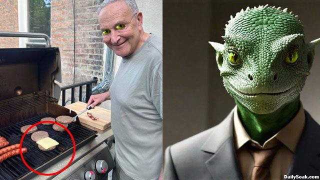 Lizard person Chuck Schumer cooking a hamburger on a grill on Father's Day.