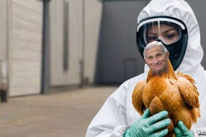 WHO worker wearing hazmat suit holding a chicken with the head of Dr. Fauci.