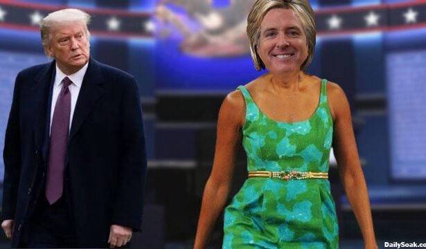 Donald Trump on debate stage against a hybrid of Democrats Gavin Newsom, Hillary Clinton, Michelle Obama.